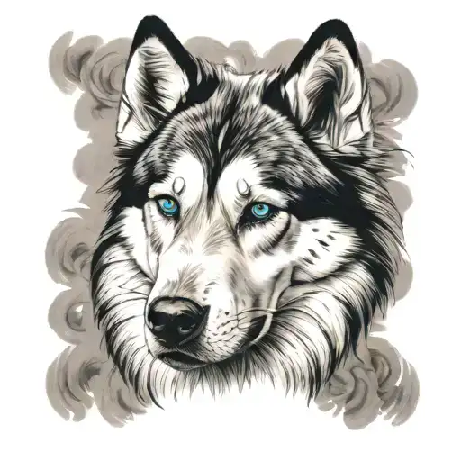 half golden retriever face (brown eye) half husky face (blue eye) tattoo design idea