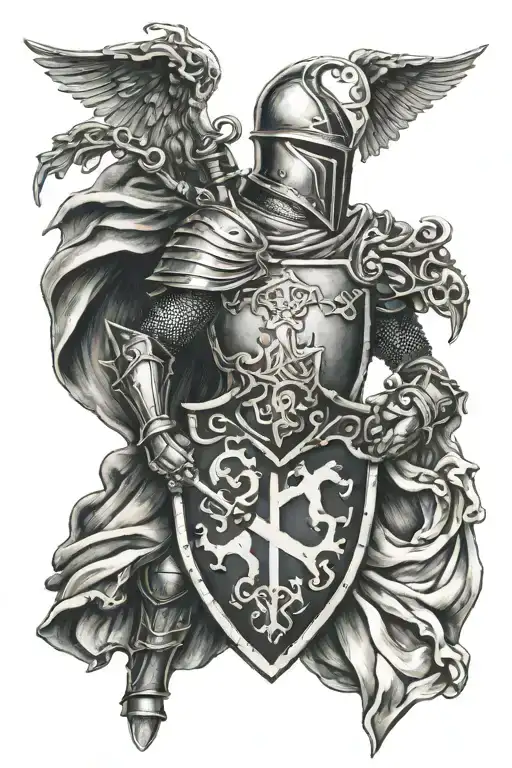 knight in a cloak holding family crest tattoo design idea