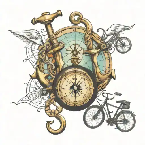 Anchor, bike, sea, world map, infinity sign, compass, binocular tattoo design idea