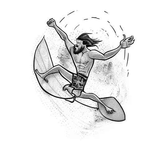 Silhouette of a Surfer: A stylized silhouette of a surfer in mid-ride, arms outstretched, capturing the freedom and exhi tattoo design idea