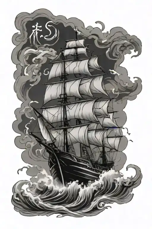 ship in storm with lighting and Latin words tempestas sum tattoo design idea