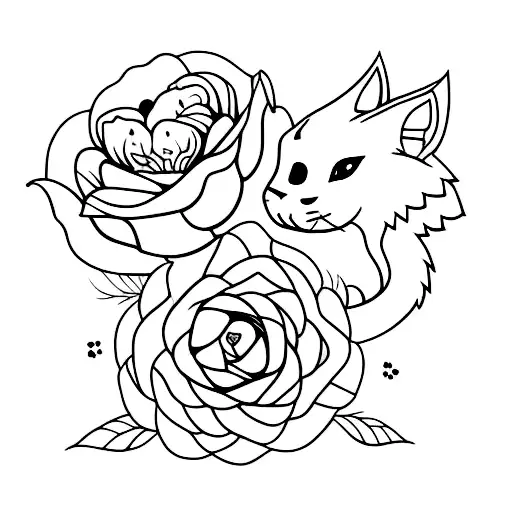 dragão e gato com flores sakura tattoo design idea
