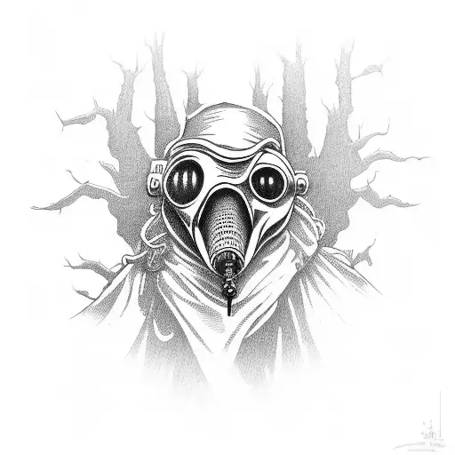 A detailed illustration of a plague doctor surrounded by a dark and eerie forest tattoo design idea