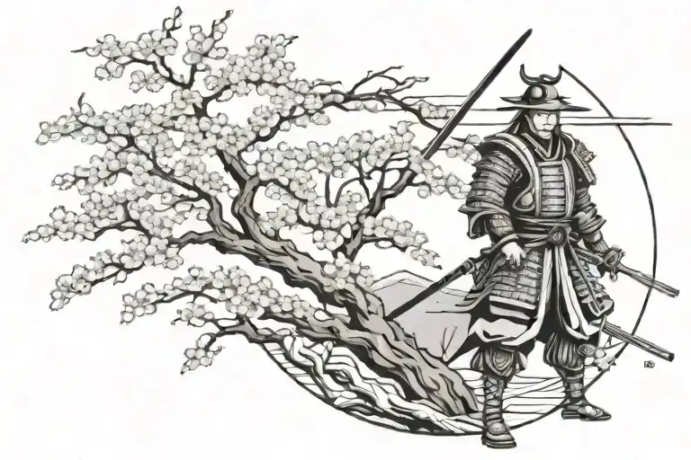 samurai and cherry blossom tree in black lines tattoo design idea