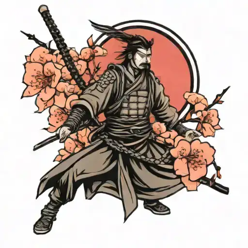 samurai and cherry blossom tree in black lines tattoo design idea
