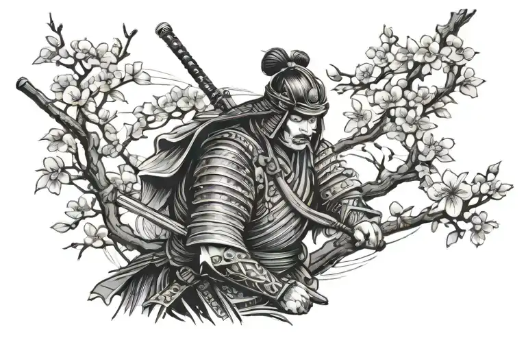 samurai and cherry blossom tree shoulder and sleeve  tattoo design idea