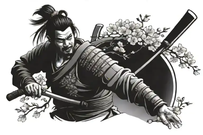 samurai and cherry blossom tree in black lines shoulder and sleeve  tattoo design idea