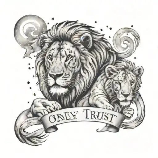 lion constelation, family lion with two cubs, text "only trust family" tattoo design idea