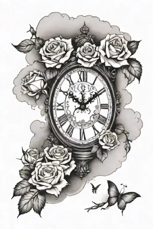 Clouds surround old clock with roses tattoo design idea