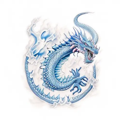 A realistic dragon in shades of blue and pink breathing fire tattoo design idea