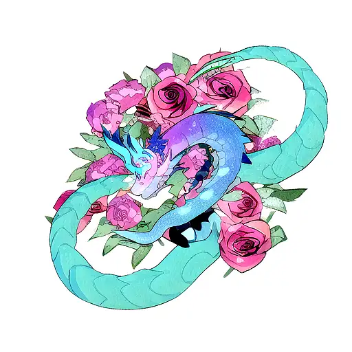 A dragon serpent wrapped around a blooming blue and pink rose with flames tattoo design idea