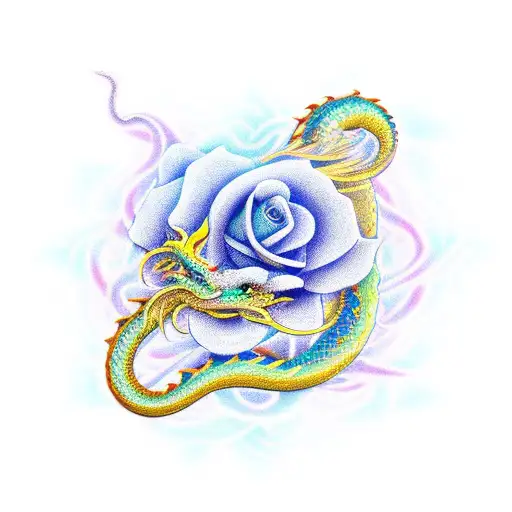 A dragon serpent wrapped around a blooming blue and pink rose with flames tattoo design idea