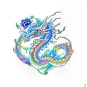 A dragon serpent wrapped around a blooming blue and pink rose with flames tattoo design idea