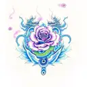 A dragon serpent wrapped around a blooming blue and pink rose with flames tattoo design idea