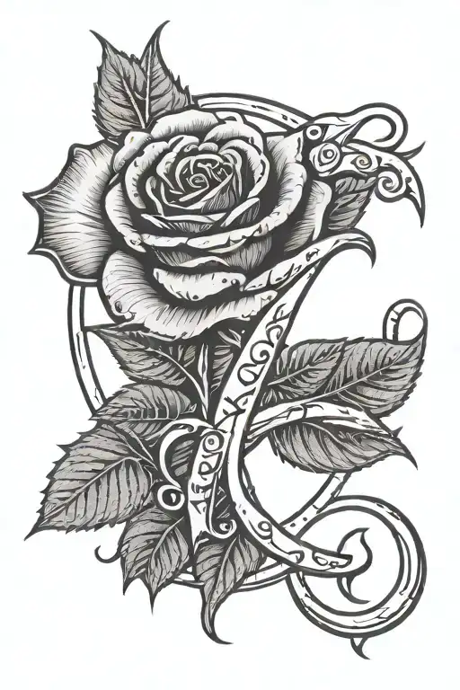 Adoption symbol with rose with thorns wrapped around it and a cursive letter C in the middle of the adoption symbol  tattoo design idea