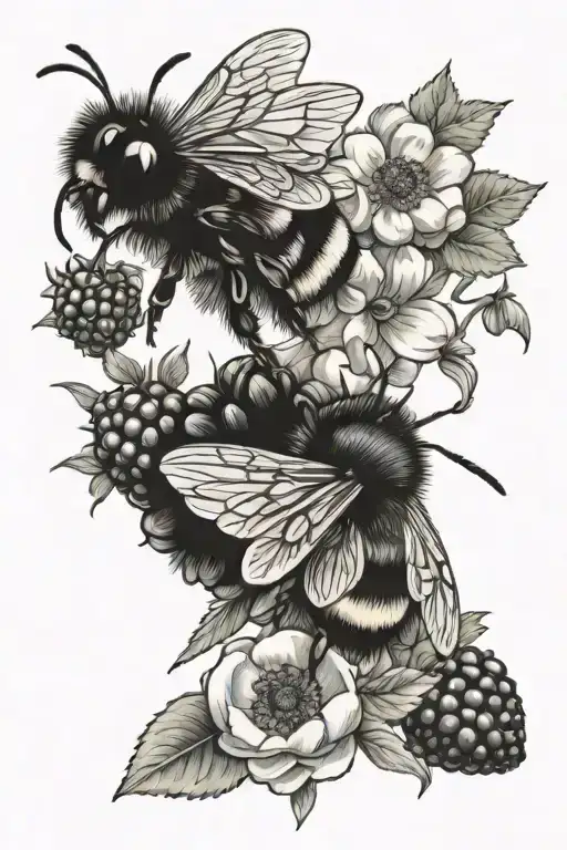 bumble bees, flowers, moth, blackberries, strawberries, leaves tattoo design idea