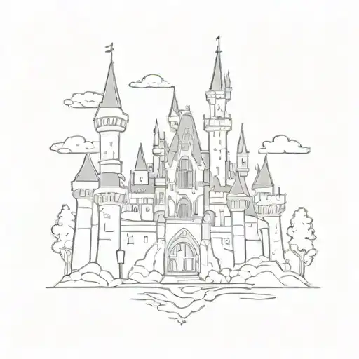 A minimalist tattoo of a Disney castle with hidden design elements incorporated into the architecture tattoo design idea
