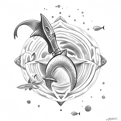 A Deep ocean diver holding a trident with hammer head sharks swimming around him tattoo design idea