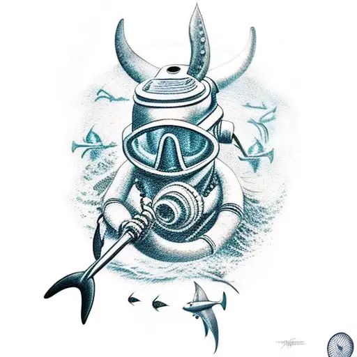 A Deep ocean diver holding a trident with hammer head sharks swimming around him tattoo design idea