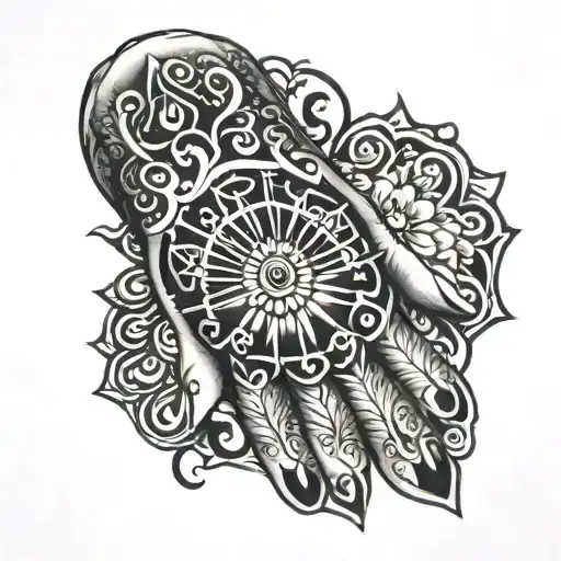 hand of fatima realistic black and grey  tattoo design idea