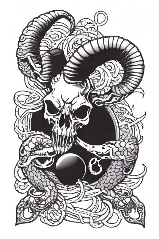 ram skull and scorpion and 8 ball tattoo design idea