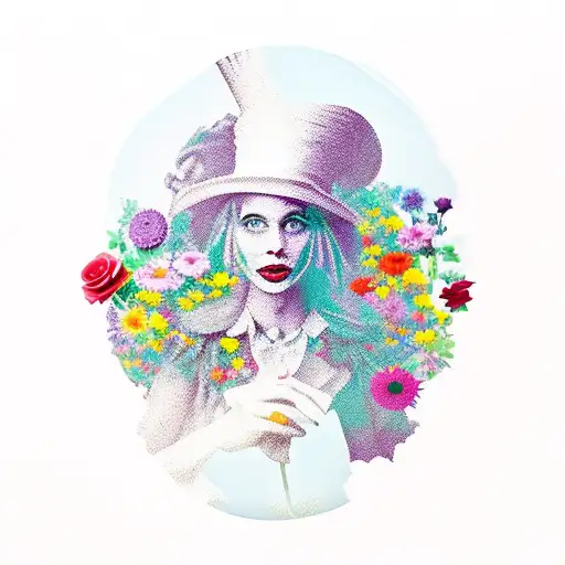 A silhouette of Alice in Wonderland surrounded by flowers tattoo design idea