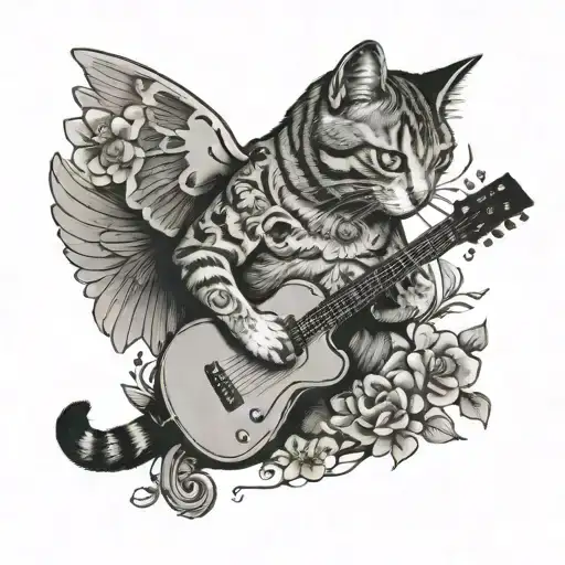 A cat with wings and a guitar, surrounded by cherry blossoms and skulls in a dark and mysterious composition, reflecting the client's love for rock music and Japanese tattoo art tattoo design idea