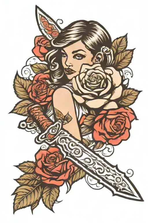 girl rose knife  tattoo design idea
