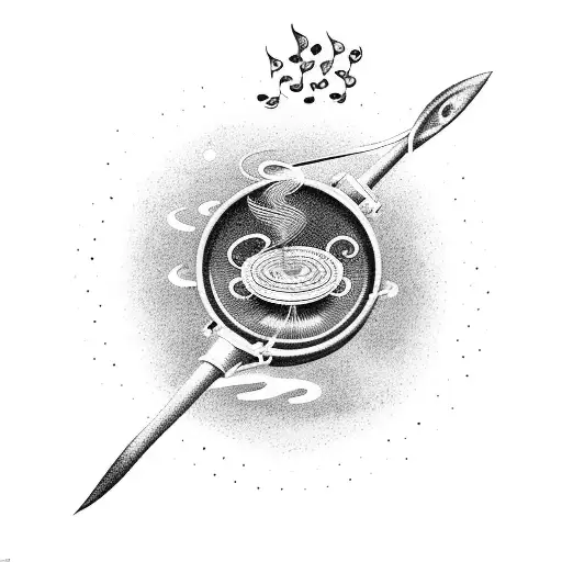 A fish jumping out of a frying pan with musical waves emanating from it tattoo design idea