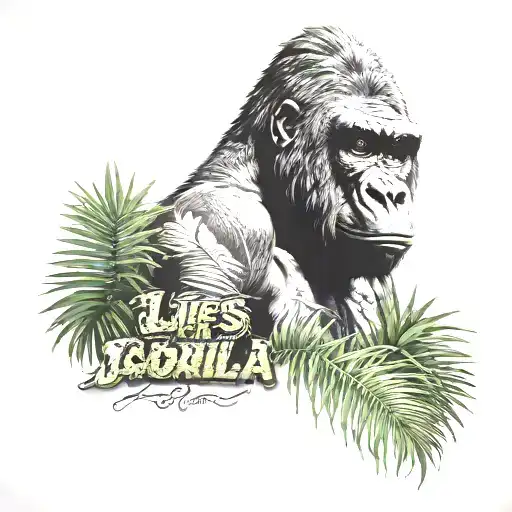 half gorilla face half words says life's a jungle scene tattoo design idea