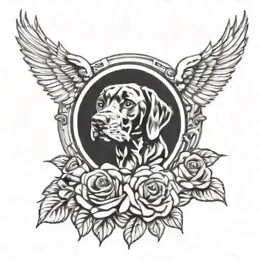 piston, mountains, eagle, roses, German short hair pointer,  tattoo design idea
