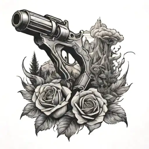 mountains, trees, roses, piston, turbo tattoo design idea