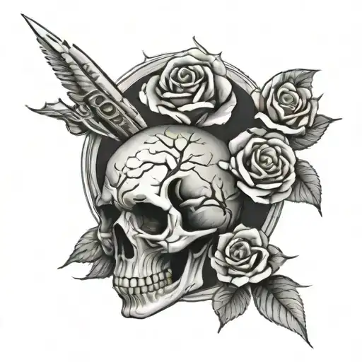 mountains, trees, roses, skull piston, turbo tattoo design idea