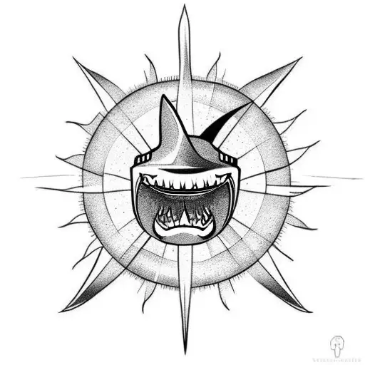 a sun with shark fins instead of sunbeam on the shoulder tattoo design idea