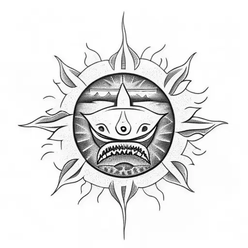 a sun with sharkfins instead of the sunbeam on the shoulder tattoo design idea