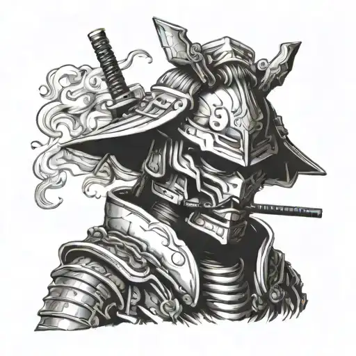 A samurai in robot armor smoking without a face tattoo design idea