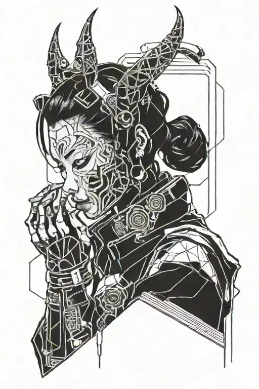 japanese girl in cyberpunk universe with hannya mask on her hand, she tries to hide her face with mask. tattoo design idea