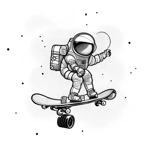 Skateboarding astronaut riding a Fibonacci sequence skateboard tattoo design idea