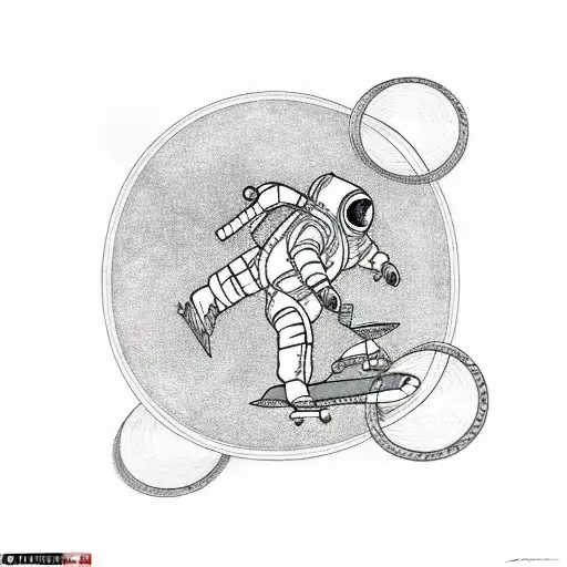 Skateboarding astronaut riding a Fibonacci sequence skateboard tattoo design idea