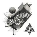 An abstract design combining audio waveforms and Hindu symbols tattoo design idea