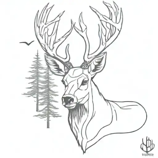 non-typical mule deer head with trees tattoo design idea
