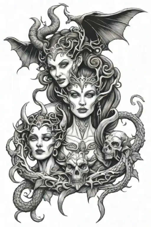 medusa and maleficent protecting a younger tattoo design idea