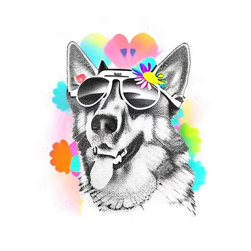 GERMAN SHEPHERD DOG WITH FLOWER SHIRT AND SUNGLASSES ON SUNSET BACKGROUND tattoo design idea