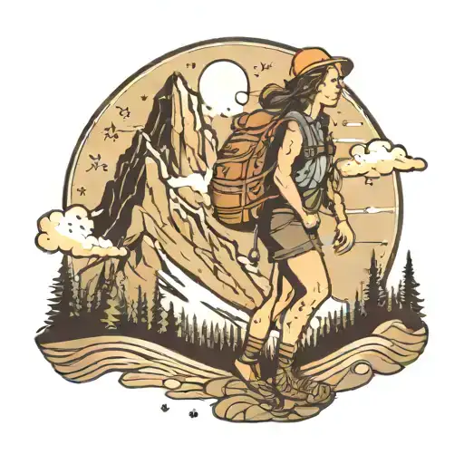 mountains with clouds stars in the sky female hiker on mountaintrail  tattoo design idea