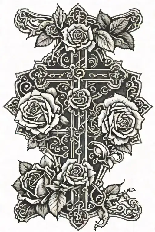 catholic cross with roses and 444 next to it tattoo design idea