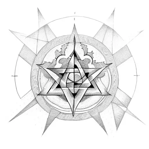 simple pentagram, hindu ohm, and buddhist symbol in a triangle tattoo design idea