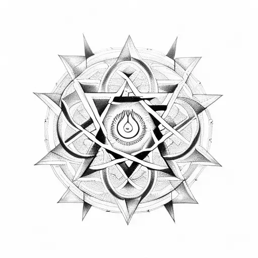 pentagram, hindu ohm, and buddhist symbol in a triangle tattoo design idea