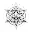 pentagram, hindu ohm, and buddhist symbol in a triangle tattoo design idea