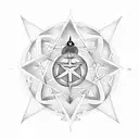 pentagram, hindu ohm, and buddhist symbol in a triangle tattoo design idea