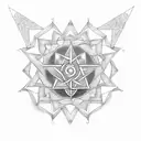pentagram, hindu ohm, and buddhist symbol in a triangle tattoo design idea